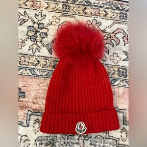 MONCLER children’s hat XL winter toque with red pompom wool beanie